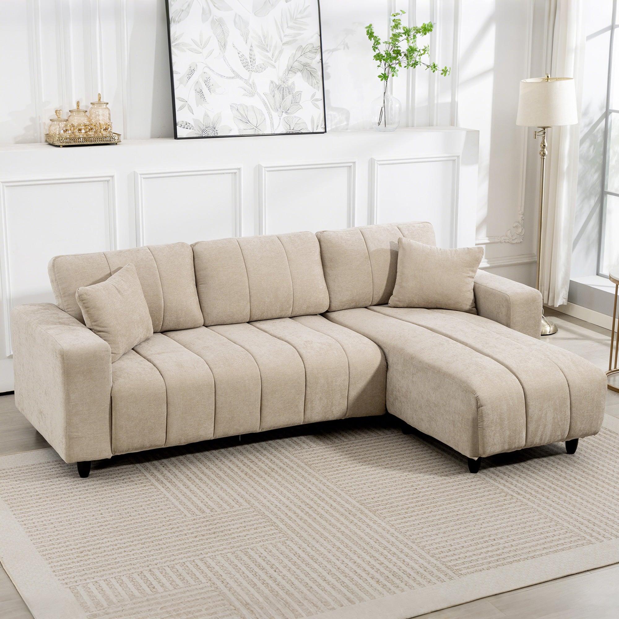 WILSHERE Reversible Sectional with Integrated Seat, 3 Seater L-Shaped Sofa with Changeable Chaise, Spring Cushion, 2 Pillows, Beige