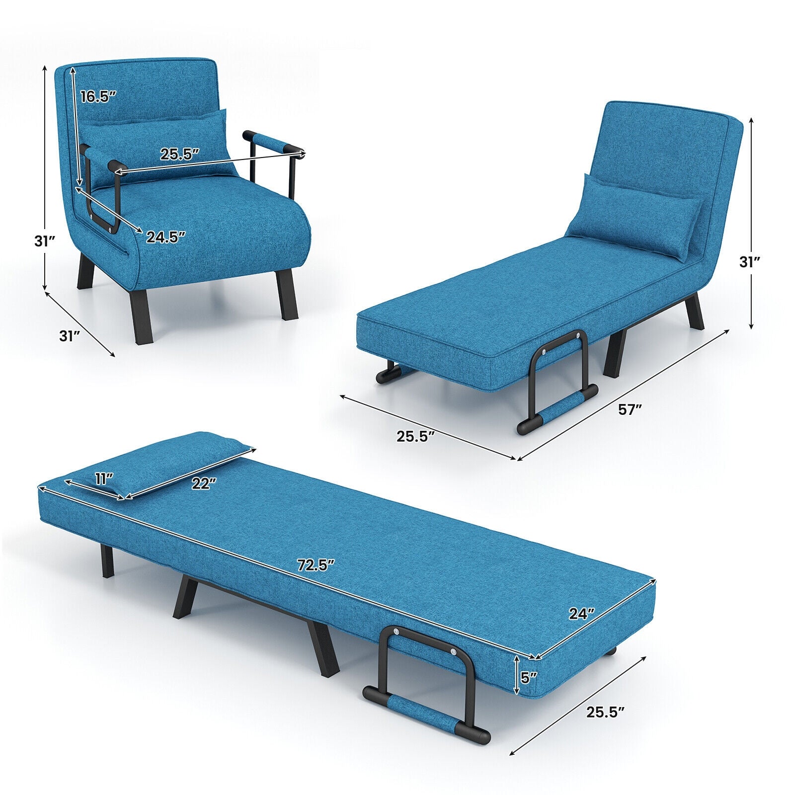 Jade 6‑Position Convertible Sleeper Chair-Blue | 4‑in‑1 Folding Sofa Bed for Small Spaces