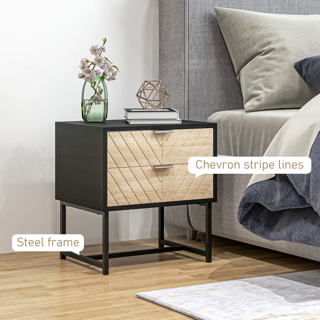 Modern Bedside Table with 2 Drawers and Steel Frame, Sofa Side Table for Bedroom Living Room, Black and Oak