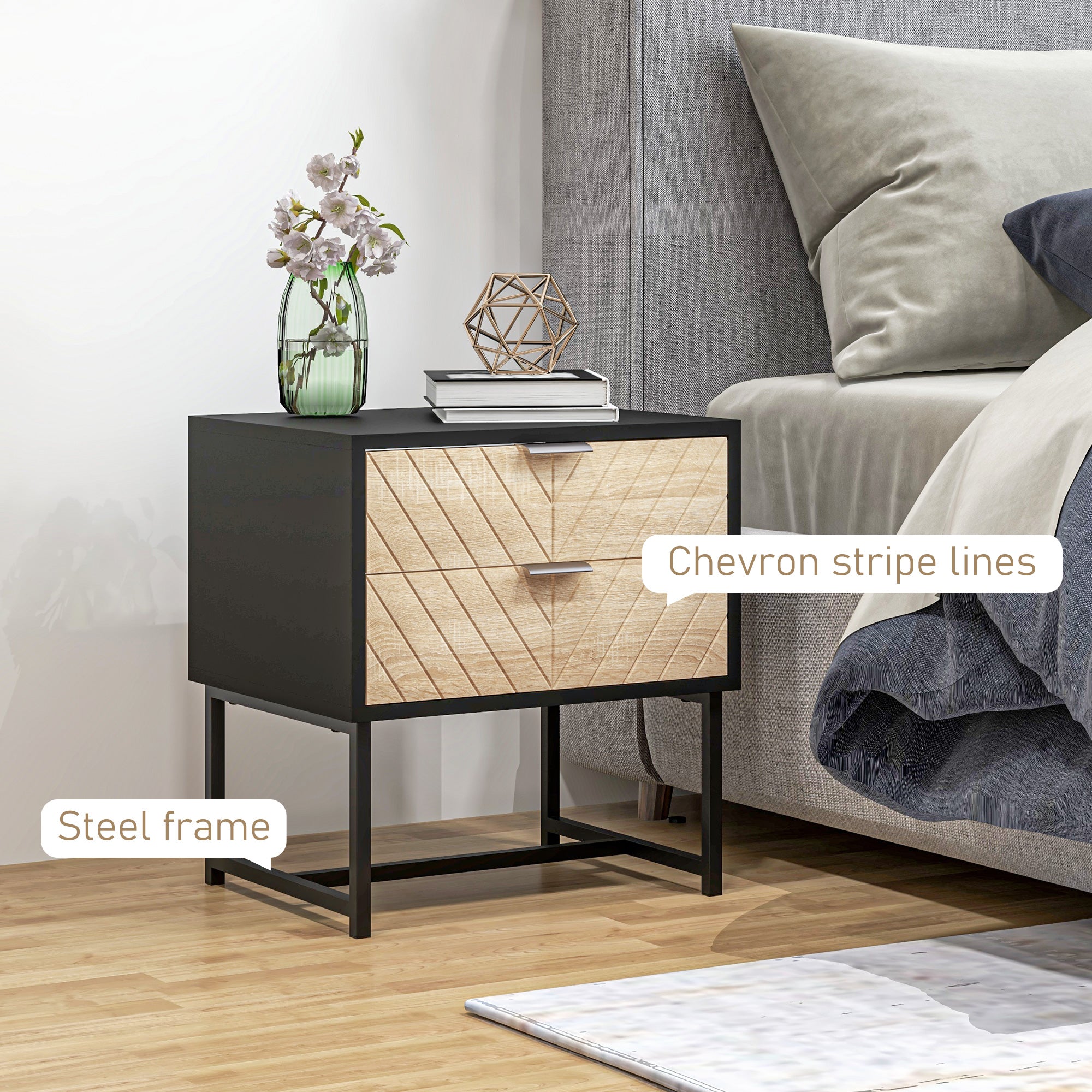 Modern Bedside Table with 2 Drawers and Steel Frame, Sofa Side Table for Bedroom Living Room, Black and Oak