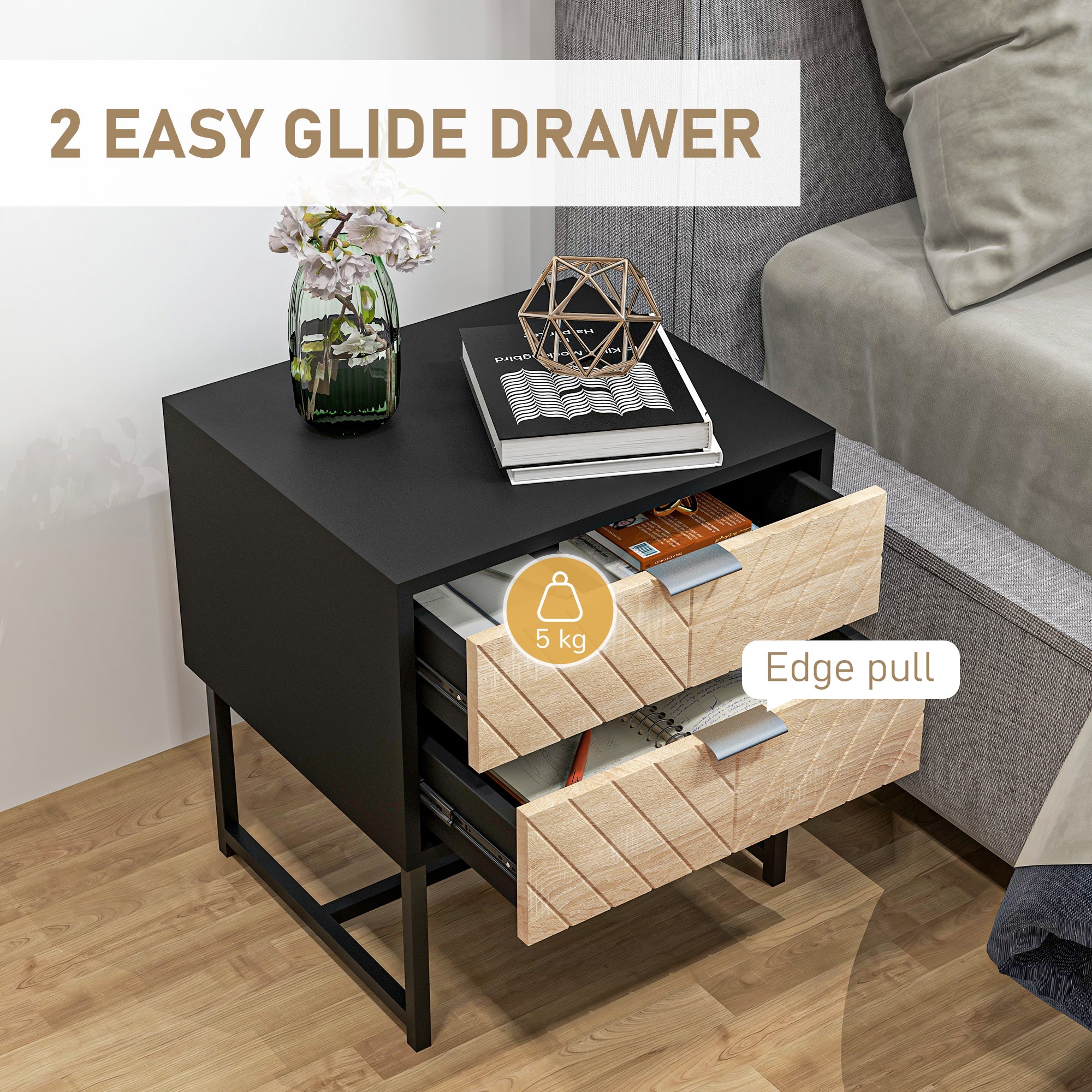 Modern Bedside Table with 2 Drawers and Steel Frame, Sofa Side Table for Bedroom Living Room, Black and Oak