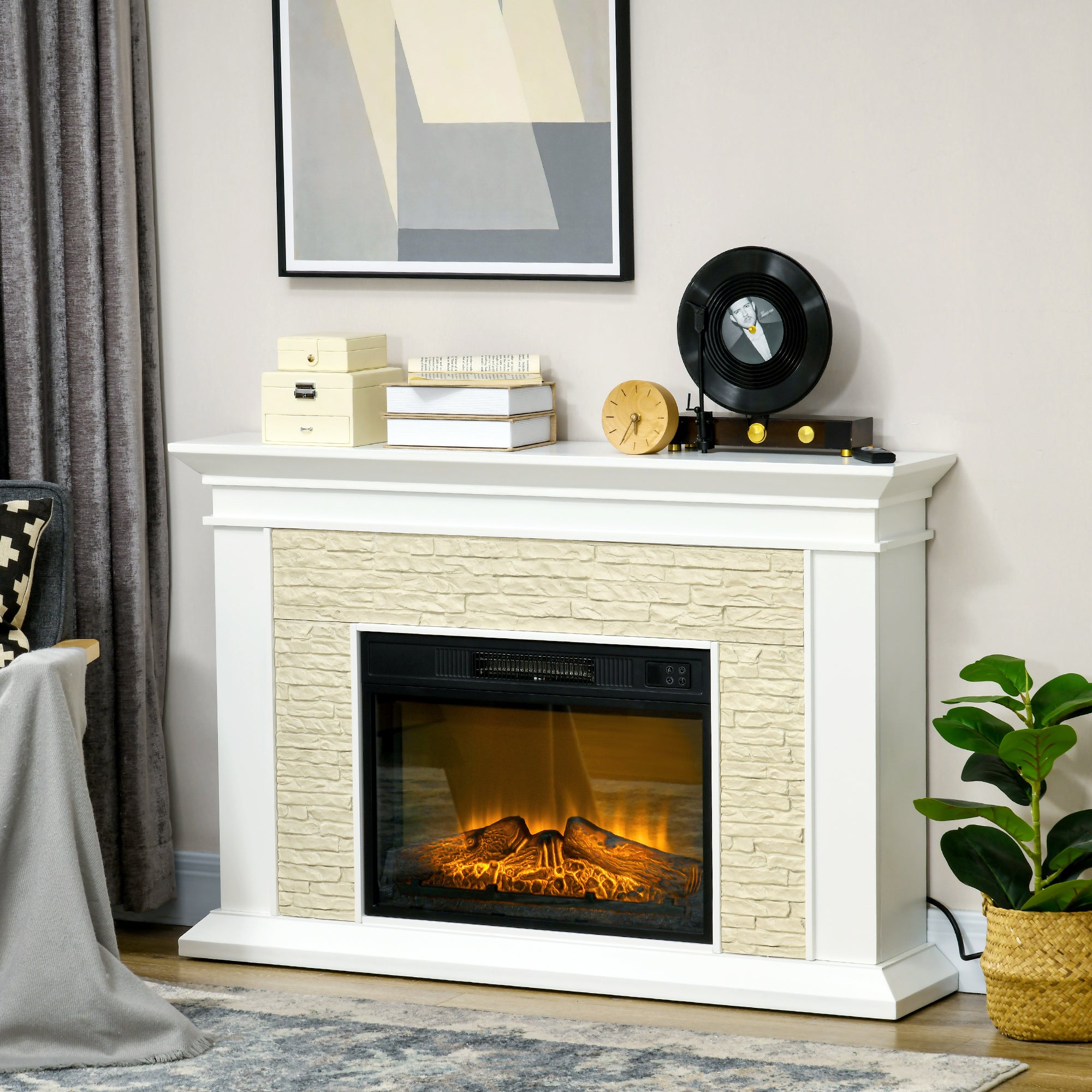 Freestanding fireplace heater with remote control and realistic flame effect