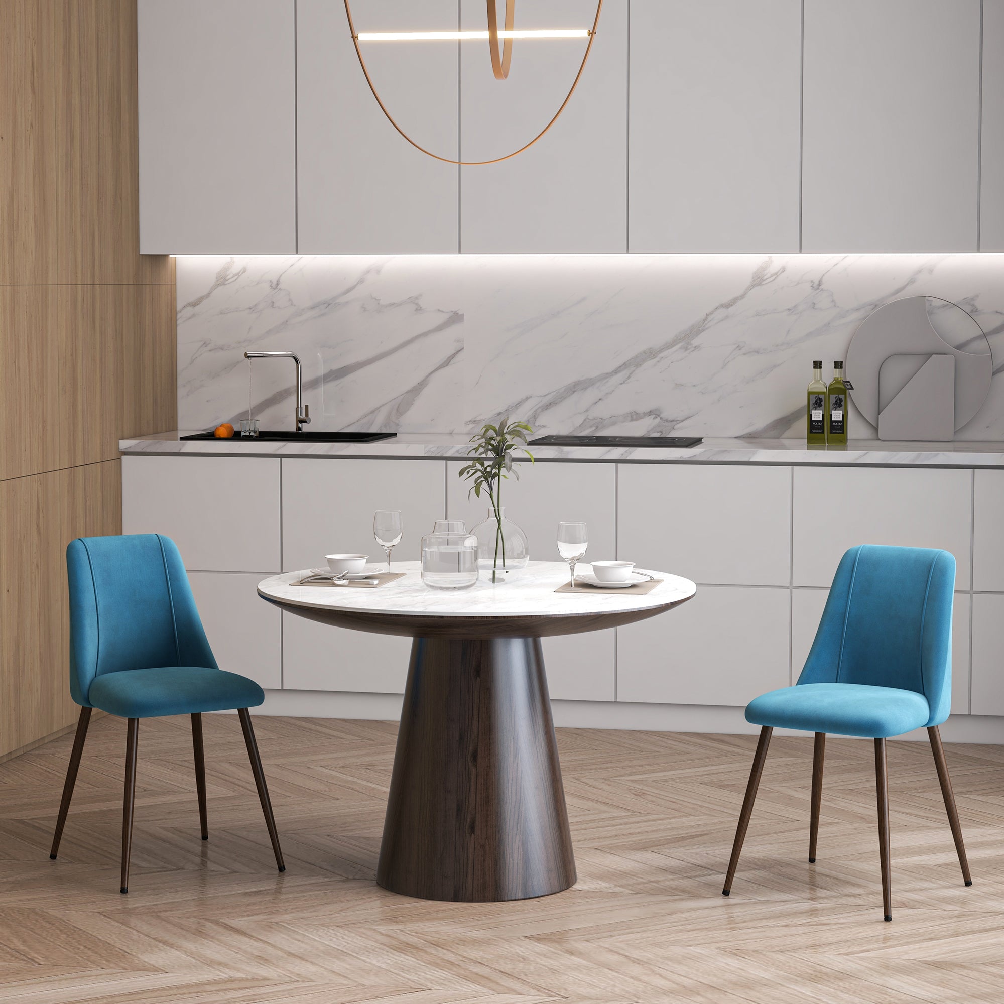 Rene Upholstered Dining Chairs Set of 4, Velvet Accent Chair with Back and Wood-grain Steel Leg for Kitchen, Blue