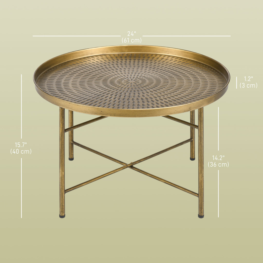 Dessie Vintage Coffee Table for Living Room, 24" Round Center Table with Hammered Tray Top and Metal Frame, Gold