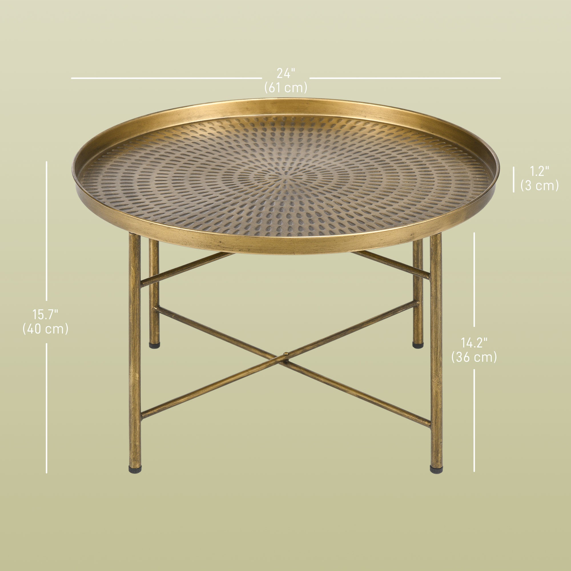 Dessie Vintage Coffee Table for Living Room, 24" Round Center Table with Hammered Tray Top and Metal Frame, Gold