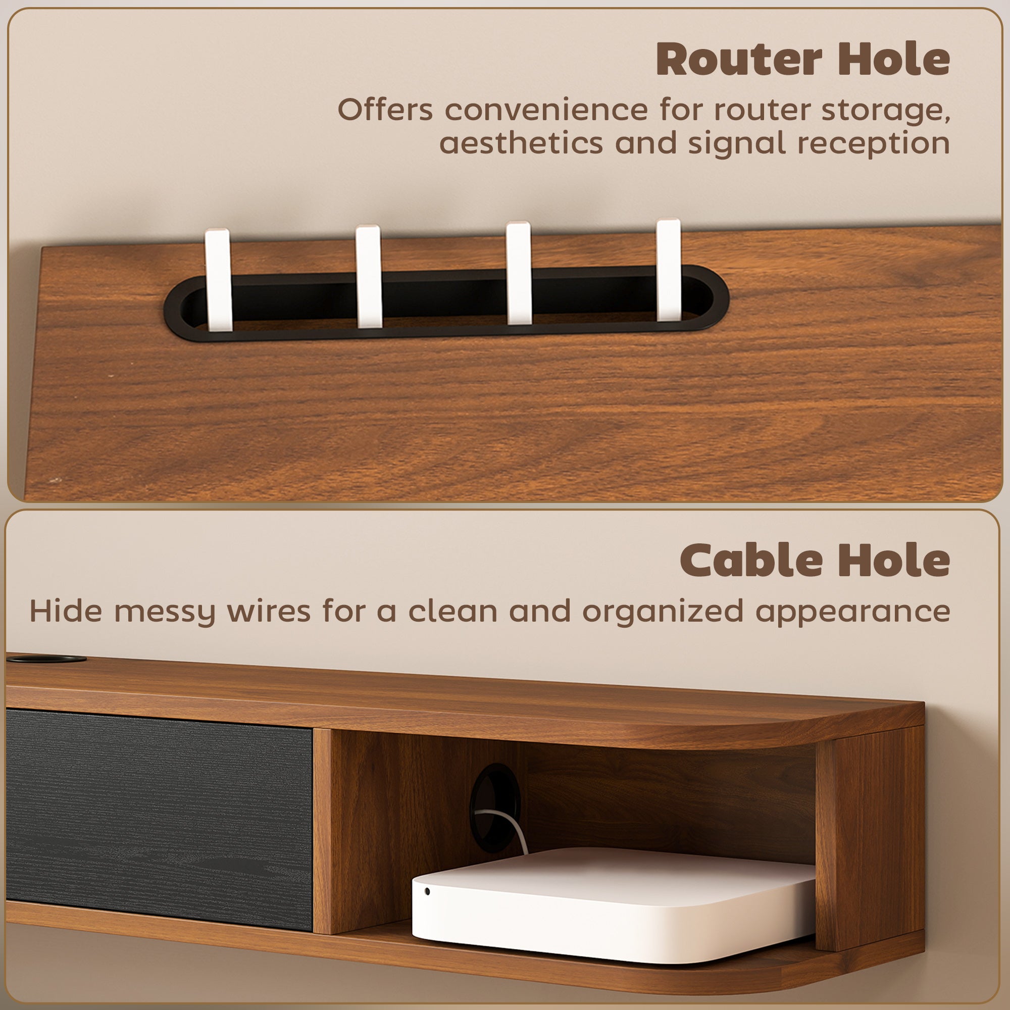 Wall Mounted Media Console with Flip Drawer and 2 Open Shelves,