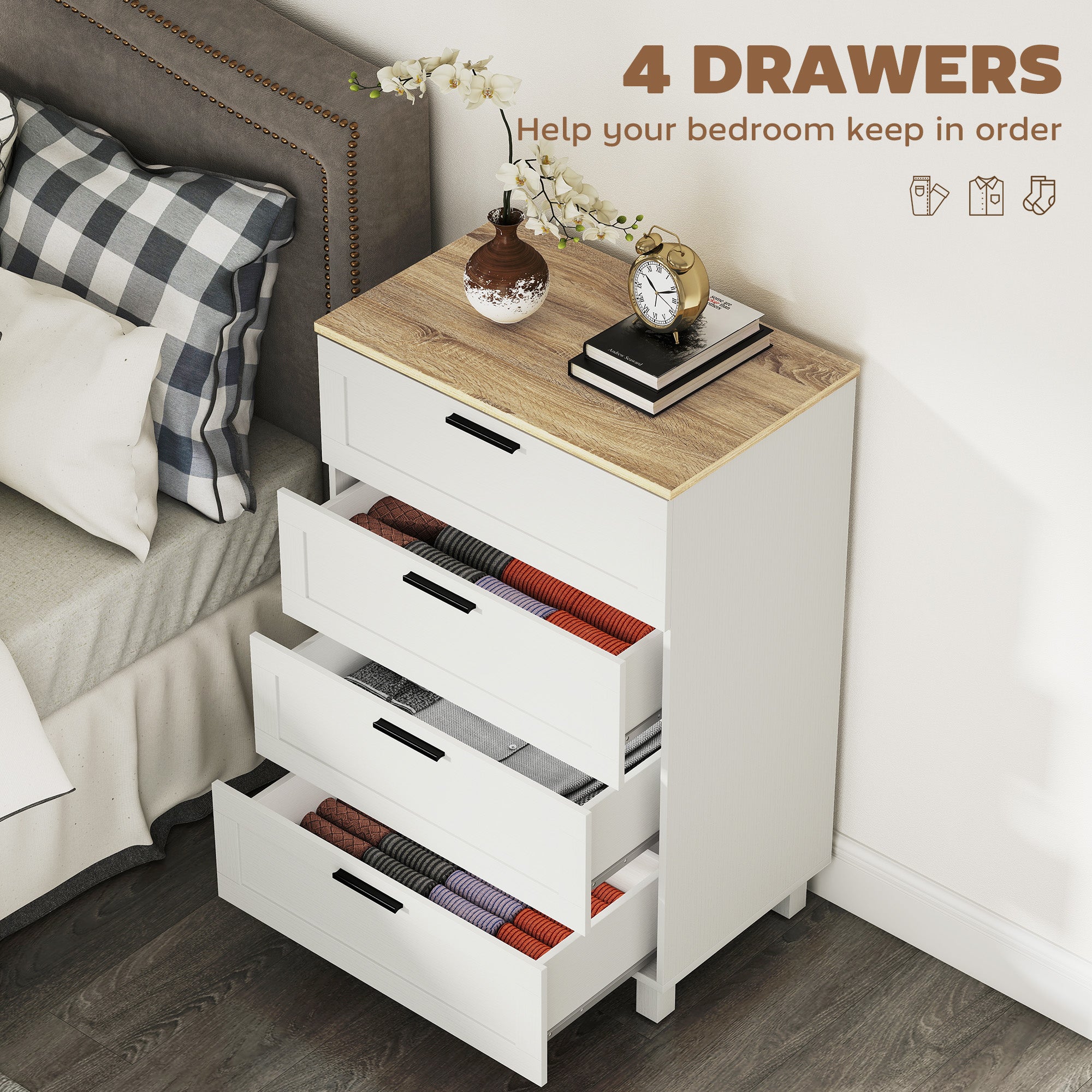 Taylor Chest for Bedroom with 4 Drawers, Chest of Drawers with Solid Wood Legs for Closet, Living Room, Entryway, White