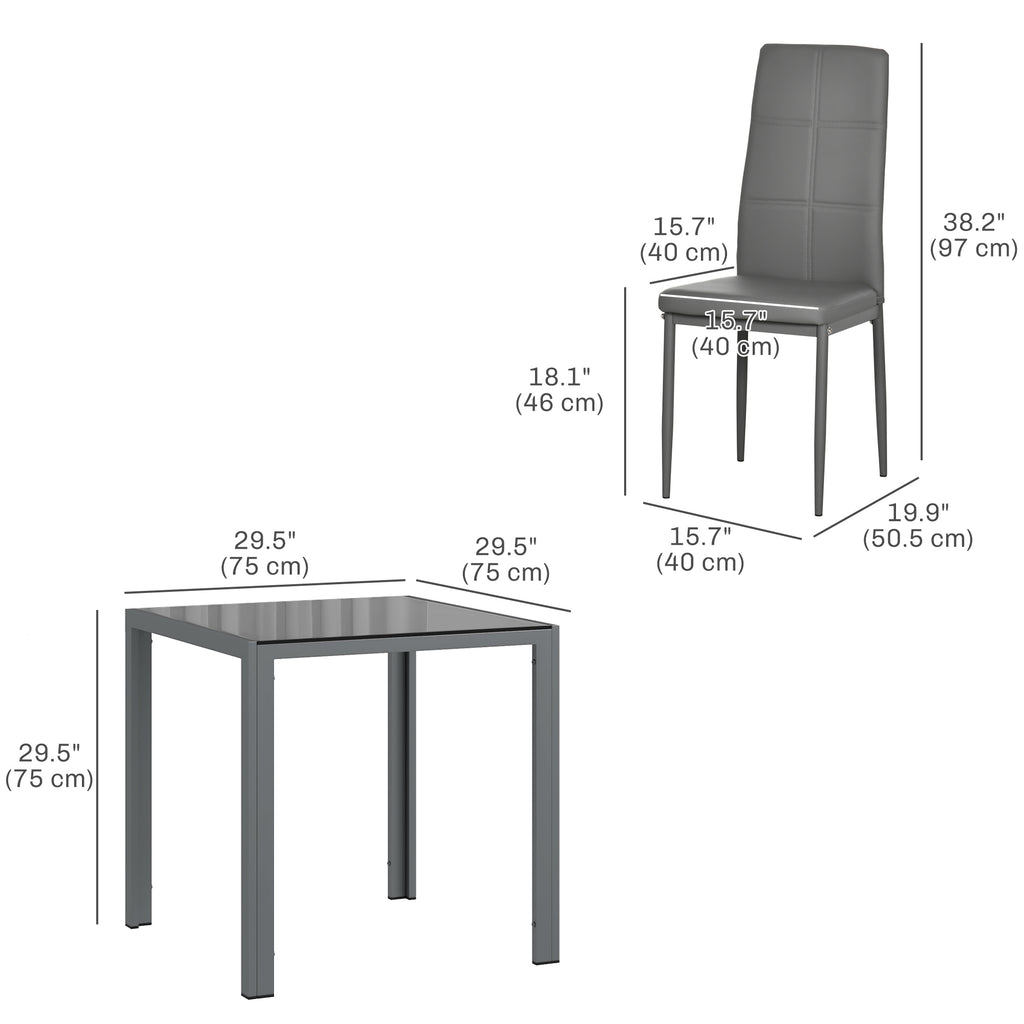 Zaya 3-Piece Rectangular Glass Kitchen Table and Chairs with Metal Frame and Faux Leather Upholstery for Dining Room, Grey