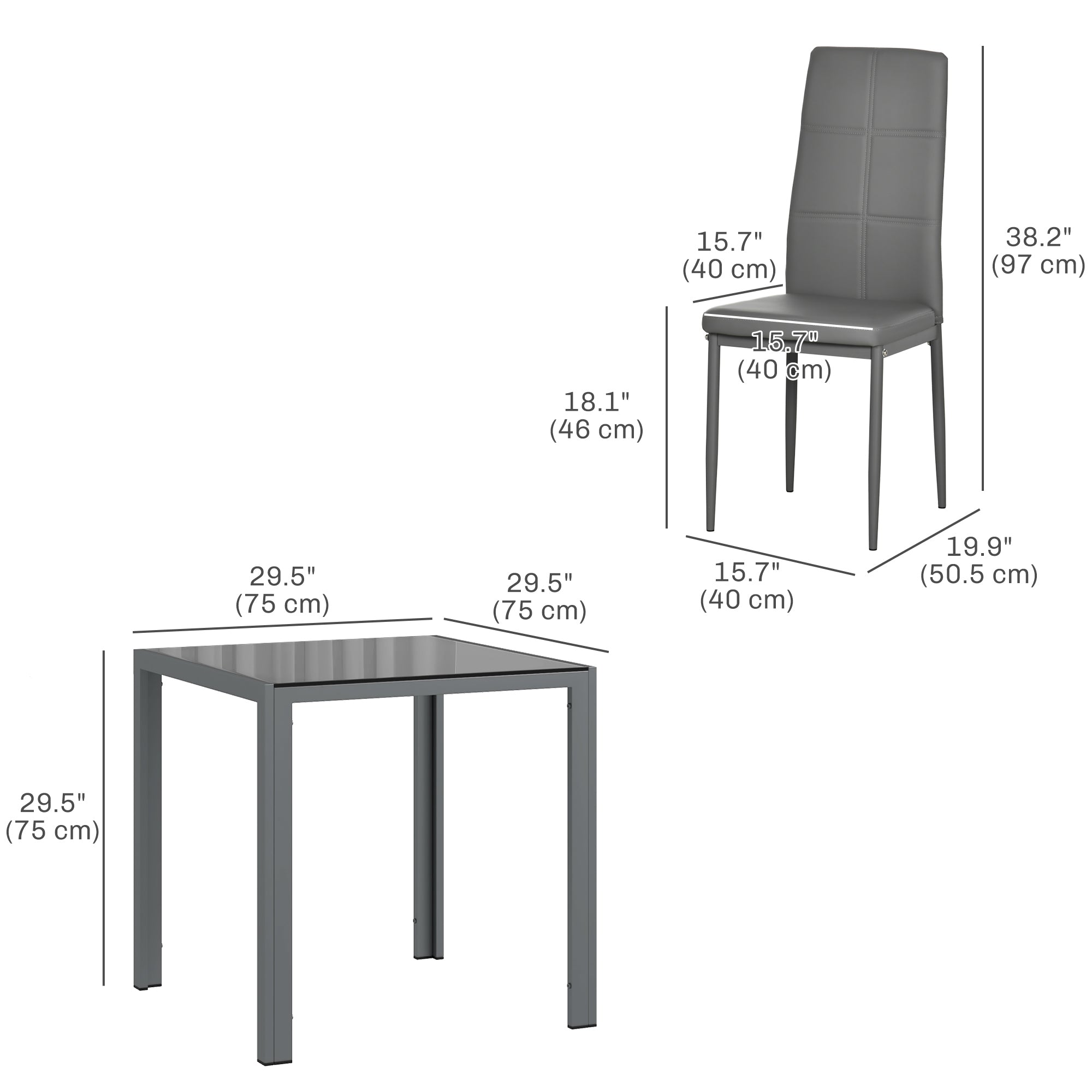 Zaya 3-Piece Rectangular Glass Kitchen Table and Chairs with Metal Frame and Faux Leather Upholstery for Dining Room, Grey