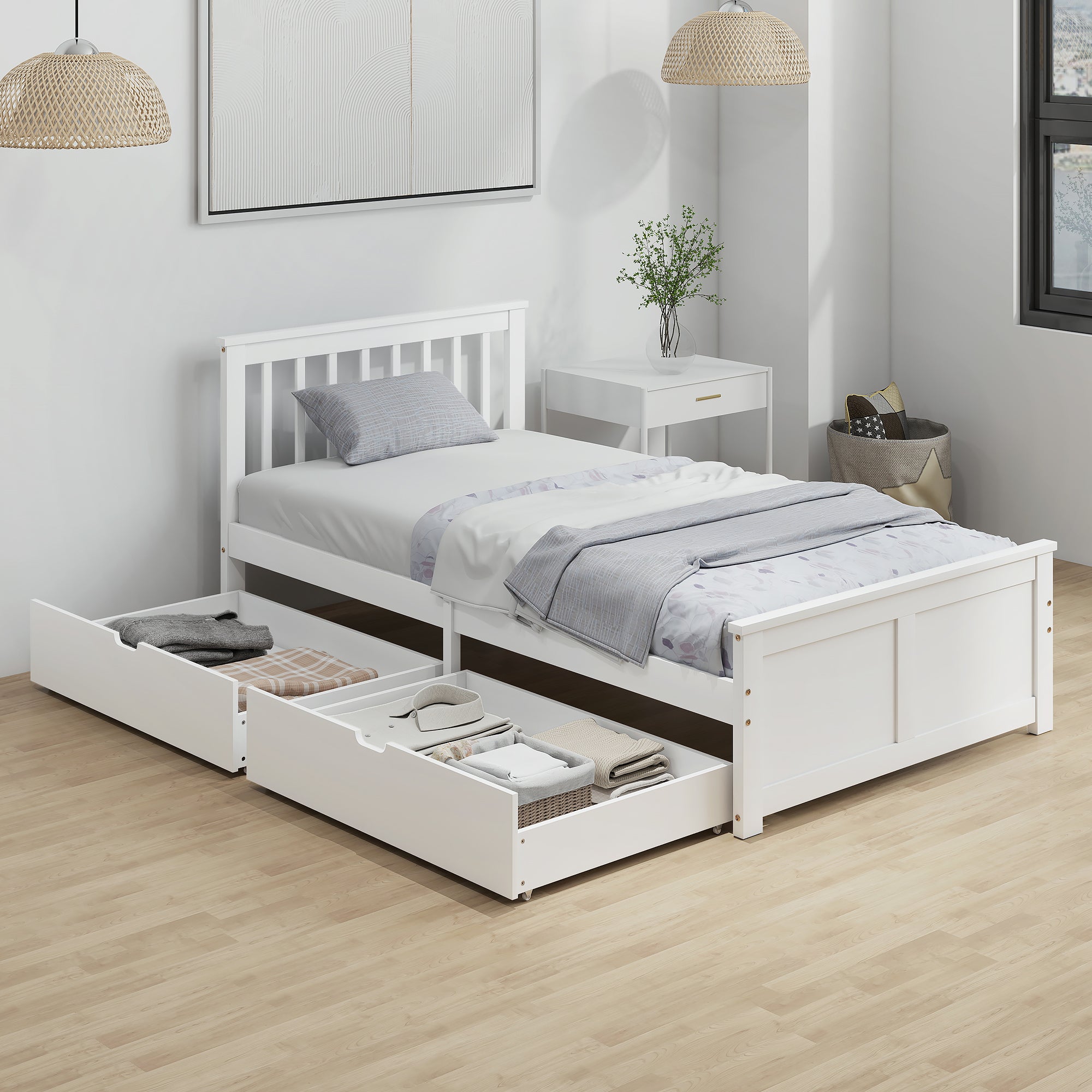 Leo Pine Twin Bed Frame, Wood Storage Bed Frame with Drawers, Wood Slat Support, No Box Spring Needed, Easy Assembly, White