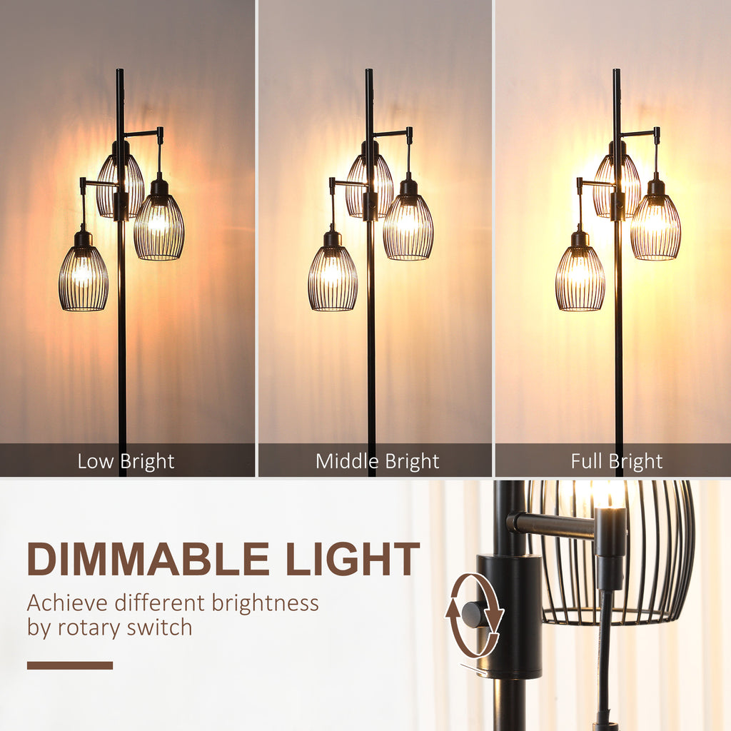Carmen Dimmable Floor Lamp with 3 Hanging Wire Lampshades-Black