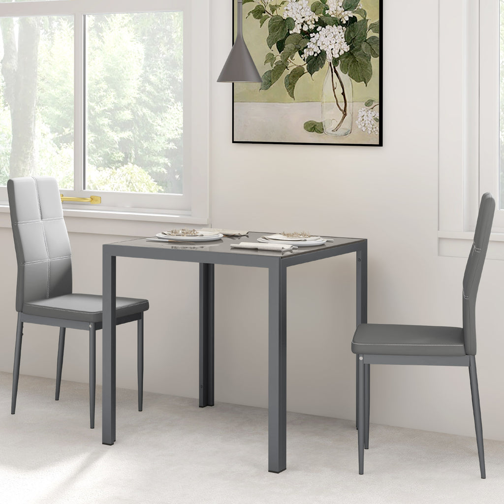 Zaya 3-Piece Rectangular Glass Kitchen Table and Chairs with Metal Frame and Faux Leather Upholstery for Dining Room, Grey