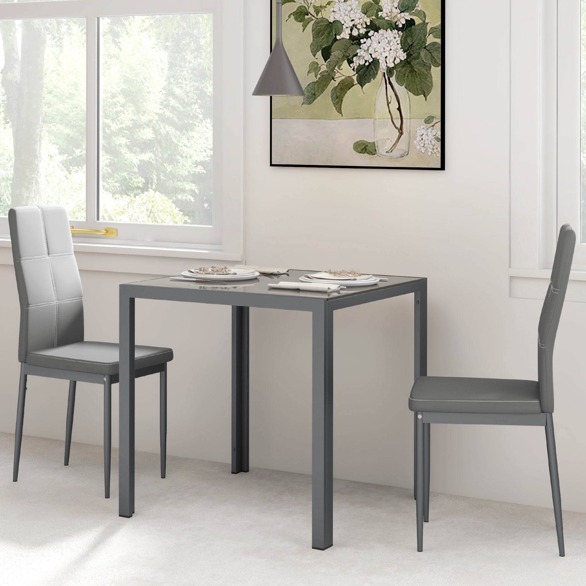 Zaya 3-Piece Rectangular Glass Kitchen Table and Chairs with Metal Frame and Faux Leather Upholstery for Dining Room, Grey