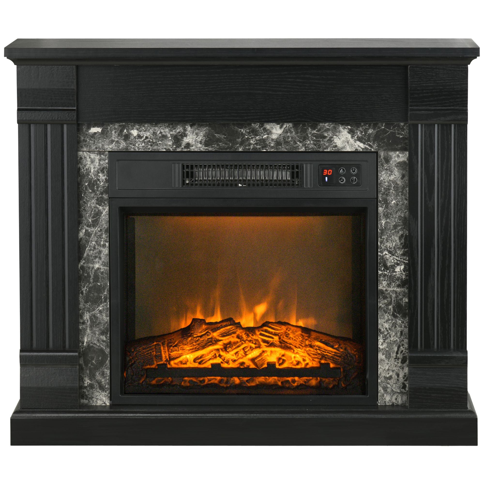 Easton electric fireplace mantel with glowing flame effect and elegant design, perfect for cozy indoor moments.