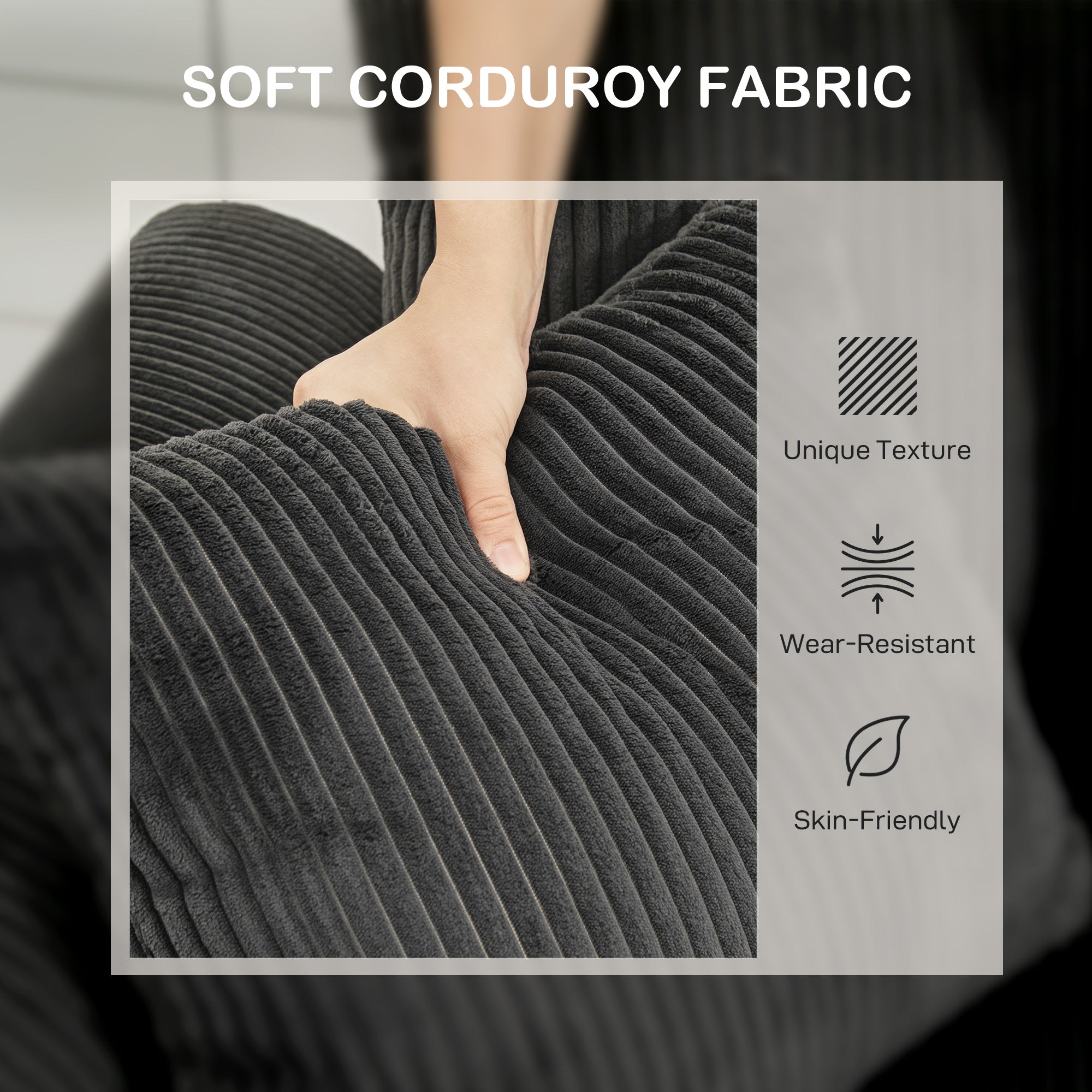 RAMSEY Corduroy Couch, 3 Seater Sofa, Modern Upholstered Couch with Curved Armrests and 8 Removable Pillows, Dark Grey