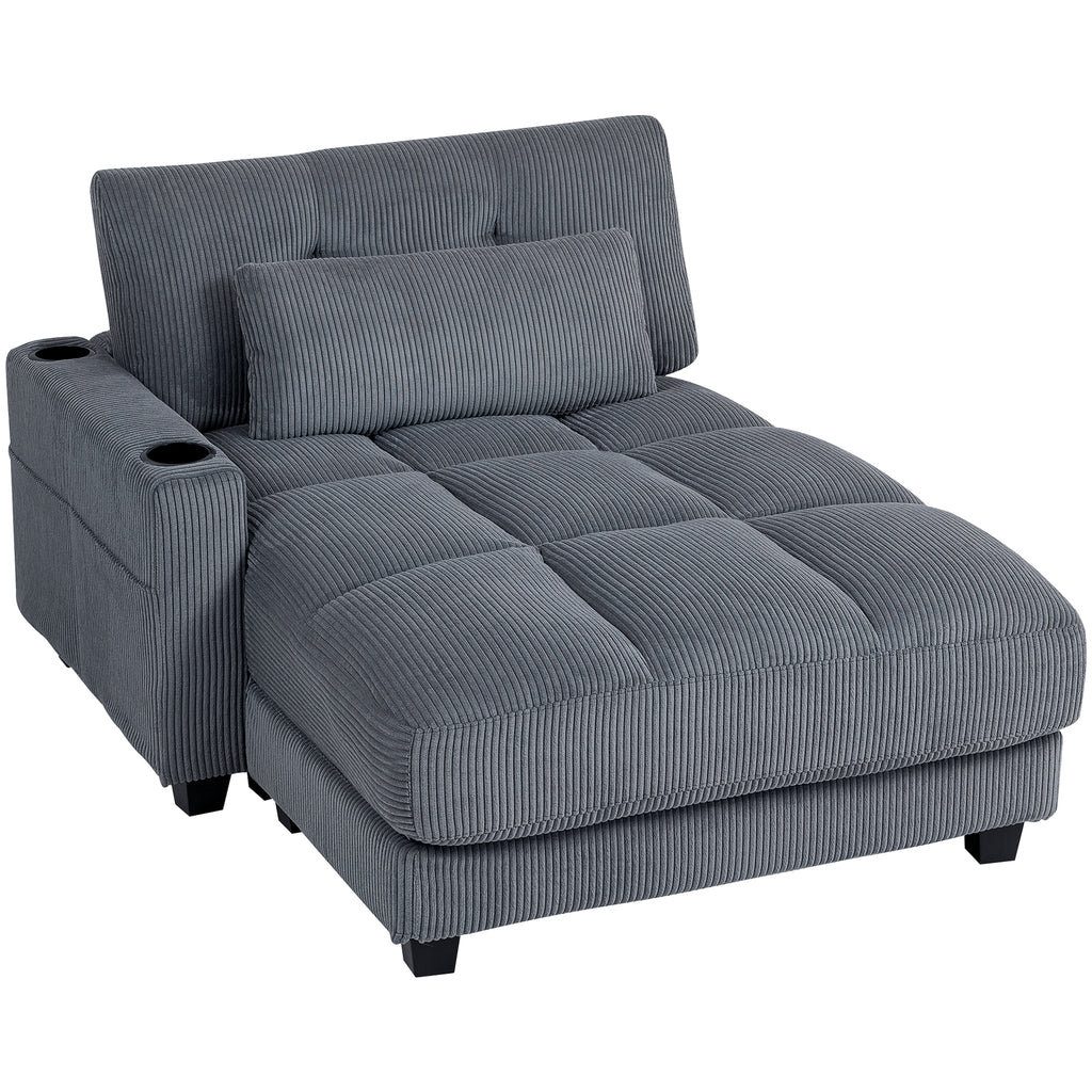 RODRI 58" Chaise Lounge-Indoor, Oversized Corduroy Sofa Bed with 2 Cup Holders, Pillow, Deep Seat Sleeper Couch, Dark Grey