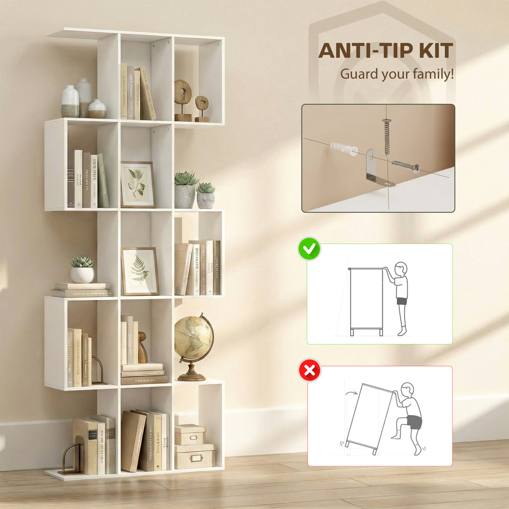 Ari 5-Tier S Shaped Geometric Bookshelf with 15 Compartments-White