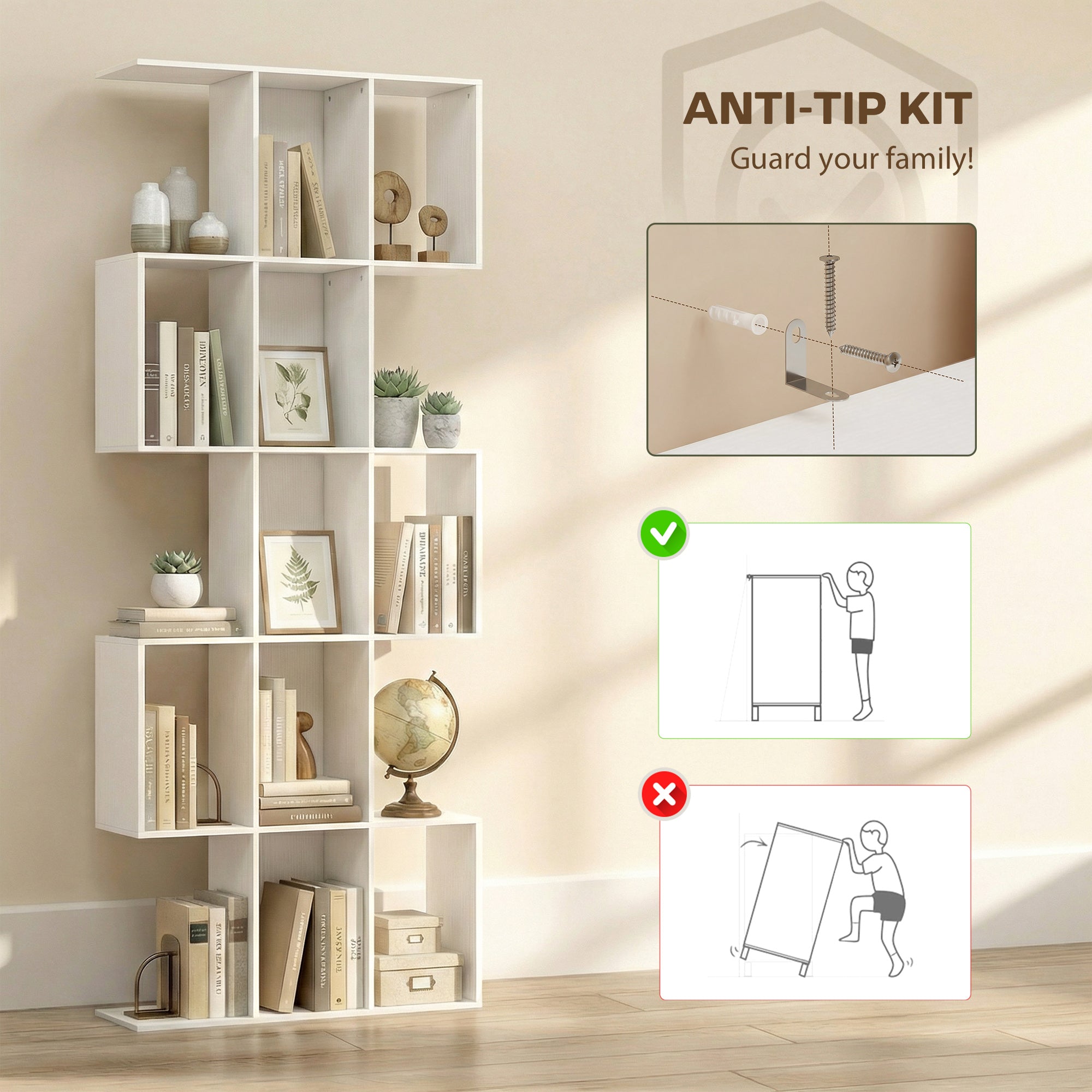 Ari 5-Tier S Shaped Geometric Bookshelf with 15 Compartments-White