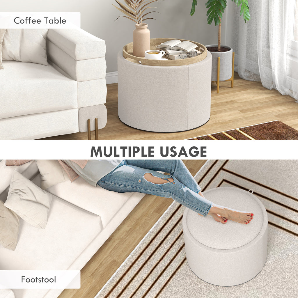 Ezra Round Coffee/End Table with Hidden Storage and Tray Top for Livingroom-Cream White