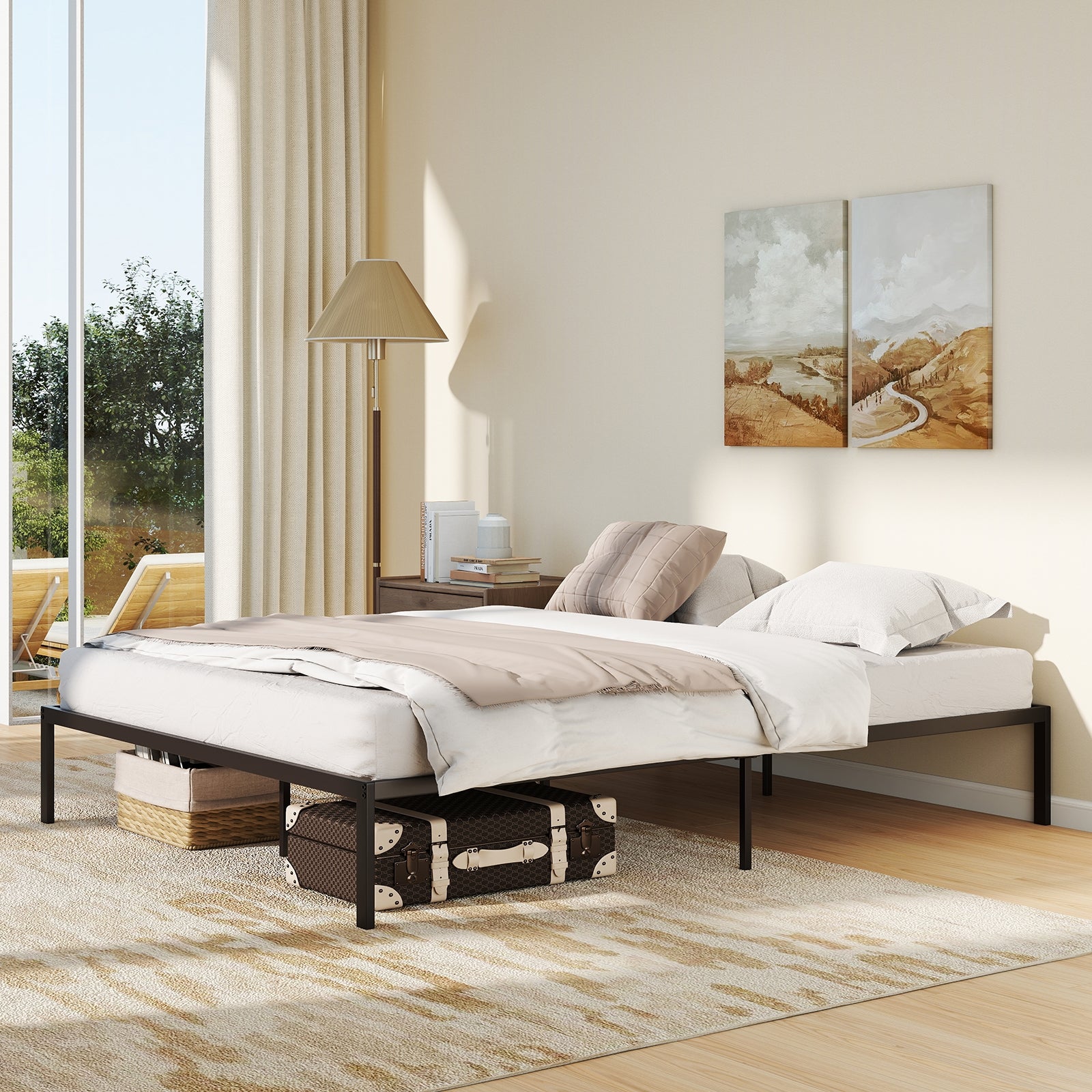 Tate Queen Size Metal Bed Frame with Heavy‑Duty Support Slats – Black