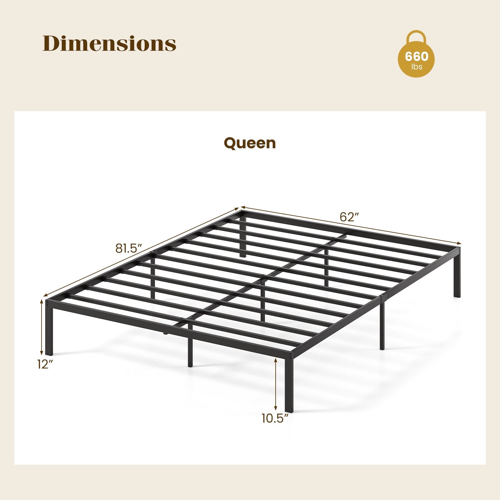 Tate Queen Size Metal Bed Frame with Heavy‑Duty Support Slats – Black