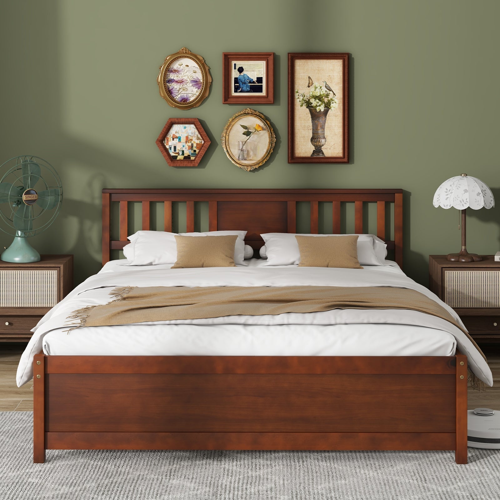 Peyton Wooden Platform Bed Frame with Headboard–Walnut Farmhouse Bed with Slat Support-Queen
