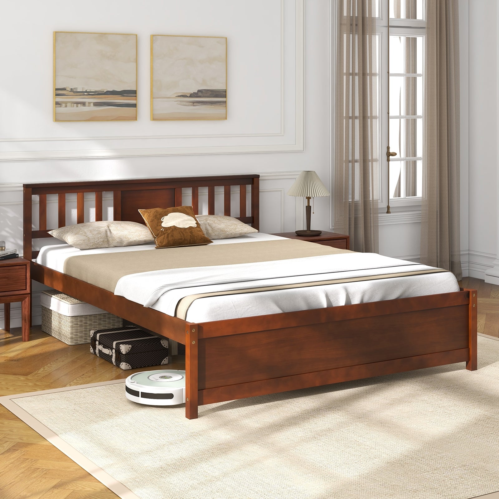 Peyton Wooden Platform Bed Frame with Headboard–Walnut Farmhouse Bed with Slat Support-Queen