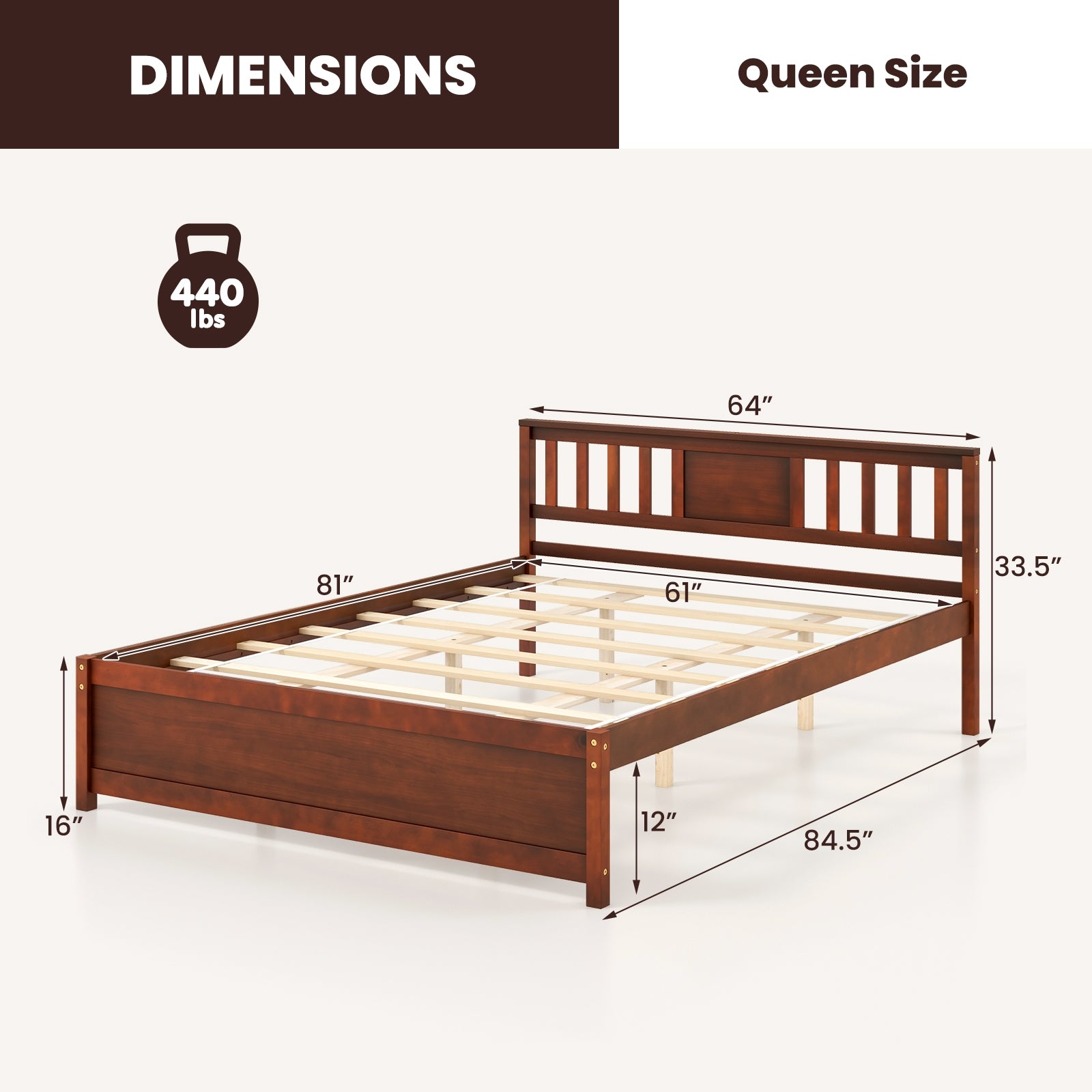 Peyton Wooden Platform Bed Frame with Headboard–Walnut Farmhouse Bed with Slat Support-Queen
