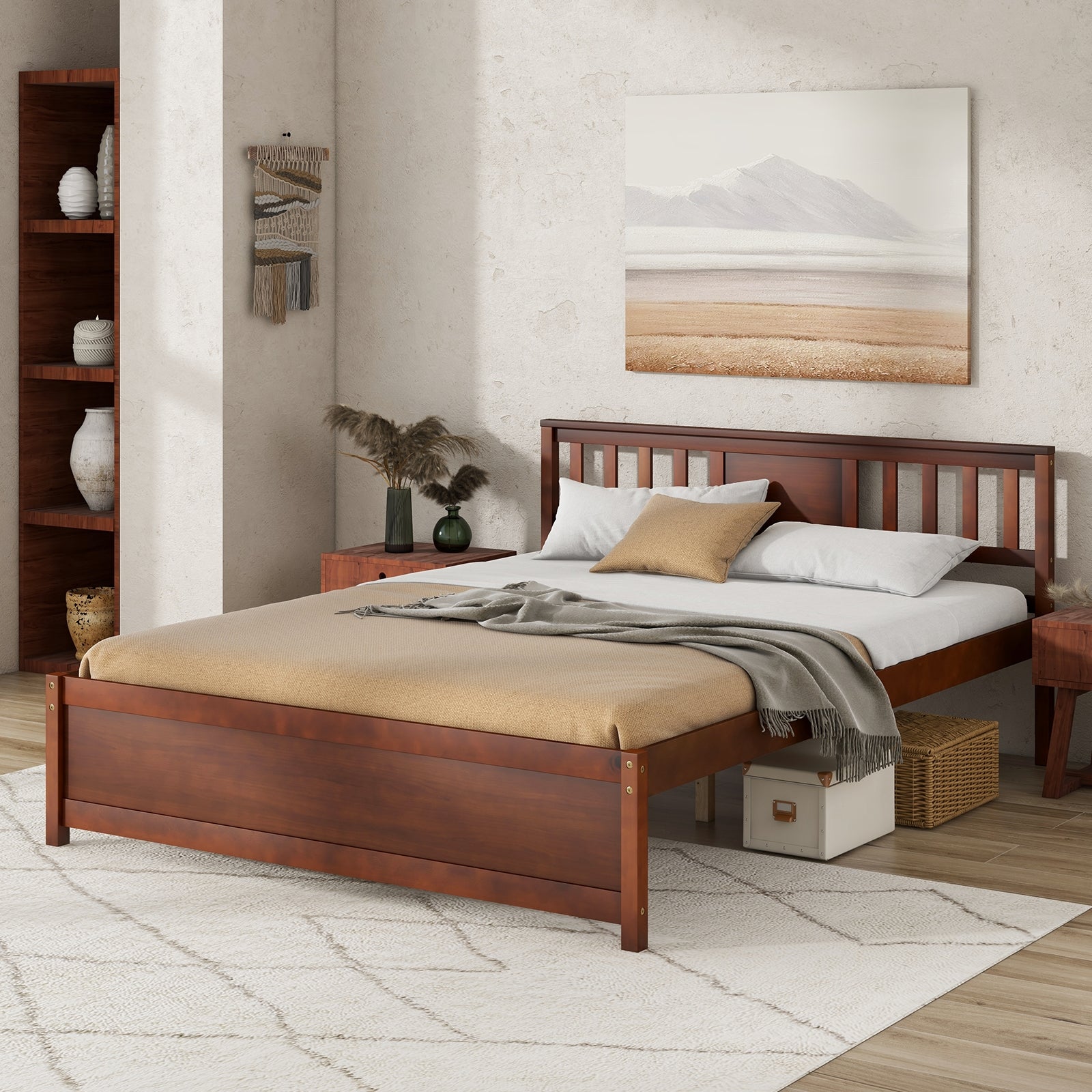 Peyton Wooden Platform Bed Frame with Headboard–Walnut Farmhouse Bed with Slat Support-Queen
