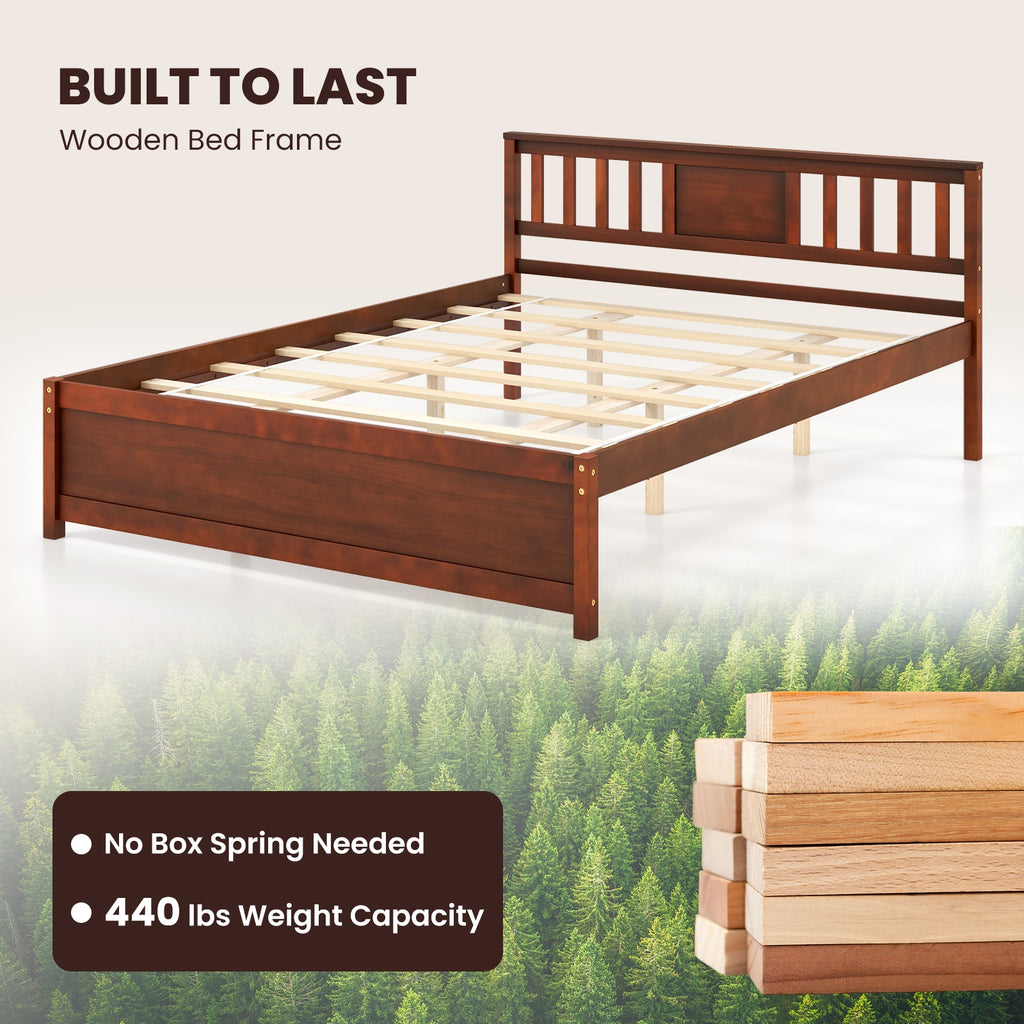 Peyton Wooden Platform Bed Frame with Headboard–Walnut Farmhouse Bed with Slat Support-Queen