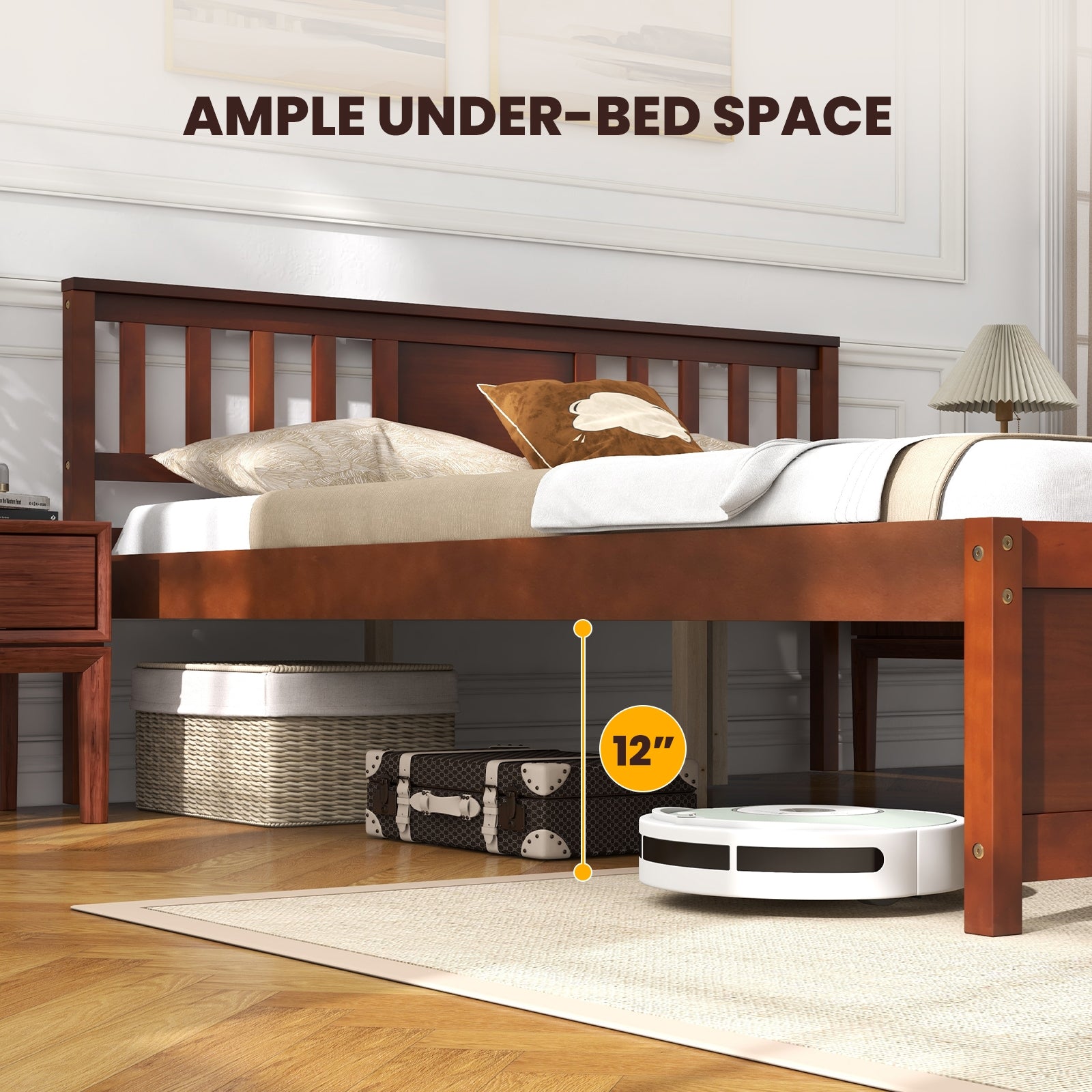 Peyton Wooden Platform Bed Frame with Headboard–Walnut Farmhouse Bed with Slat Support-Queen