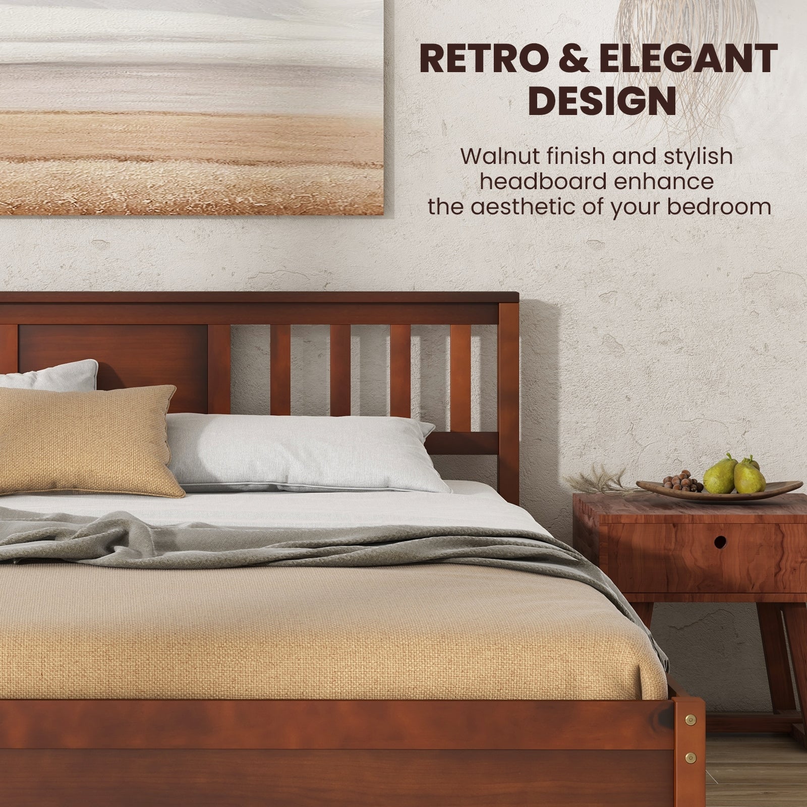Peyton Wooden Platform Bed Frame with Headboard–Walnut Farmhouse Bed with Slat Support-Queen
