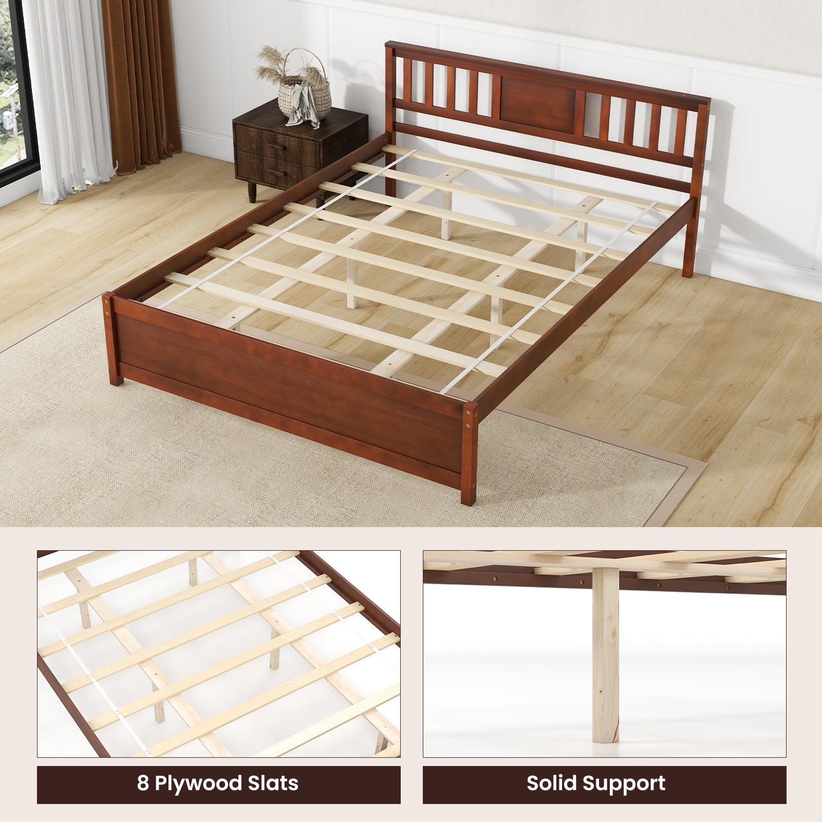 Peyton Wooden Platform Bed Frame with Headboard–Walnut Farmhouse Bed with Slat Support-Queen