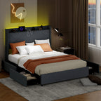 Loren LED Storage Bed Frame with Charging Station & Wingback Headboard–Queen Size