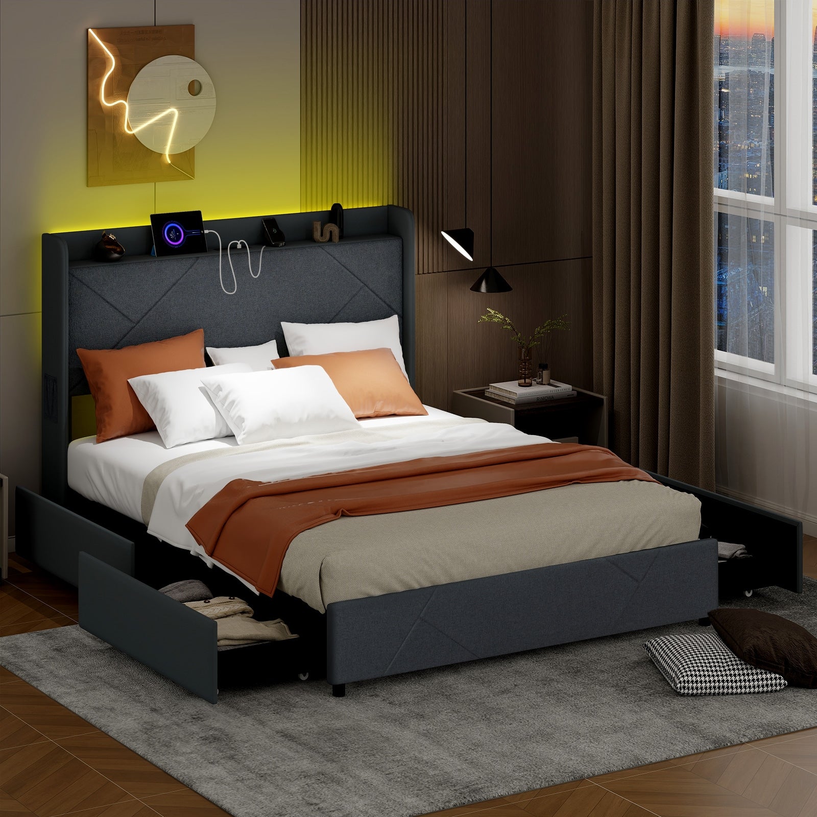 Loren LED Storage Bed Frame with Charging Station & Wingback Headboard–Queen Size