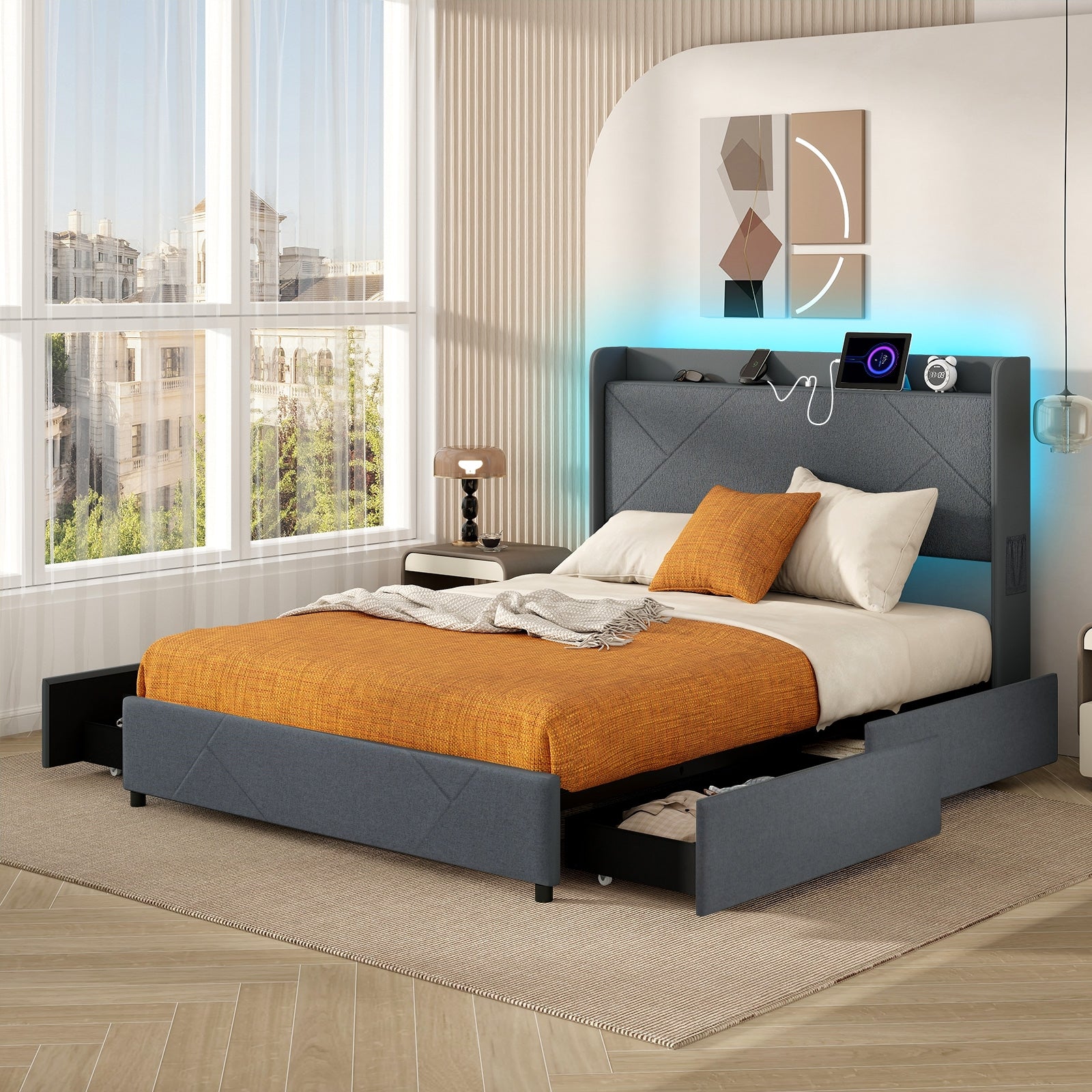 Loren LED Storage Bed Frame with Charging Station & Wingback Headboard–Queen Size
