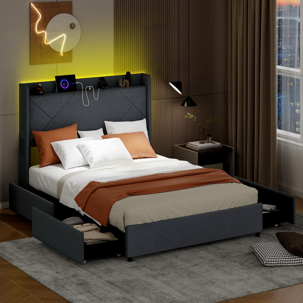 Loren LED Storage Bed Frame with Charging Station & Wingback Headboard–Full Size