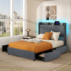Loren LED Storage Bed Frame with Charging Station & Wingback Headboard–Full Size