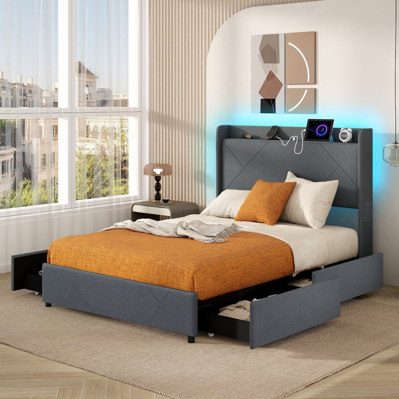 Loren LED Storage Bed Frame with Charging Station & Wingback Headboard–Full Size