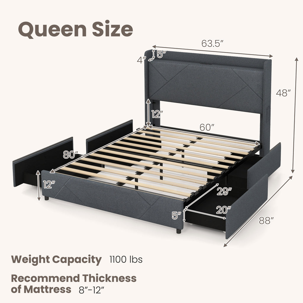 Loren LED Storage Bed Frame with Charging Station & Wingback Headboard–Queen Size