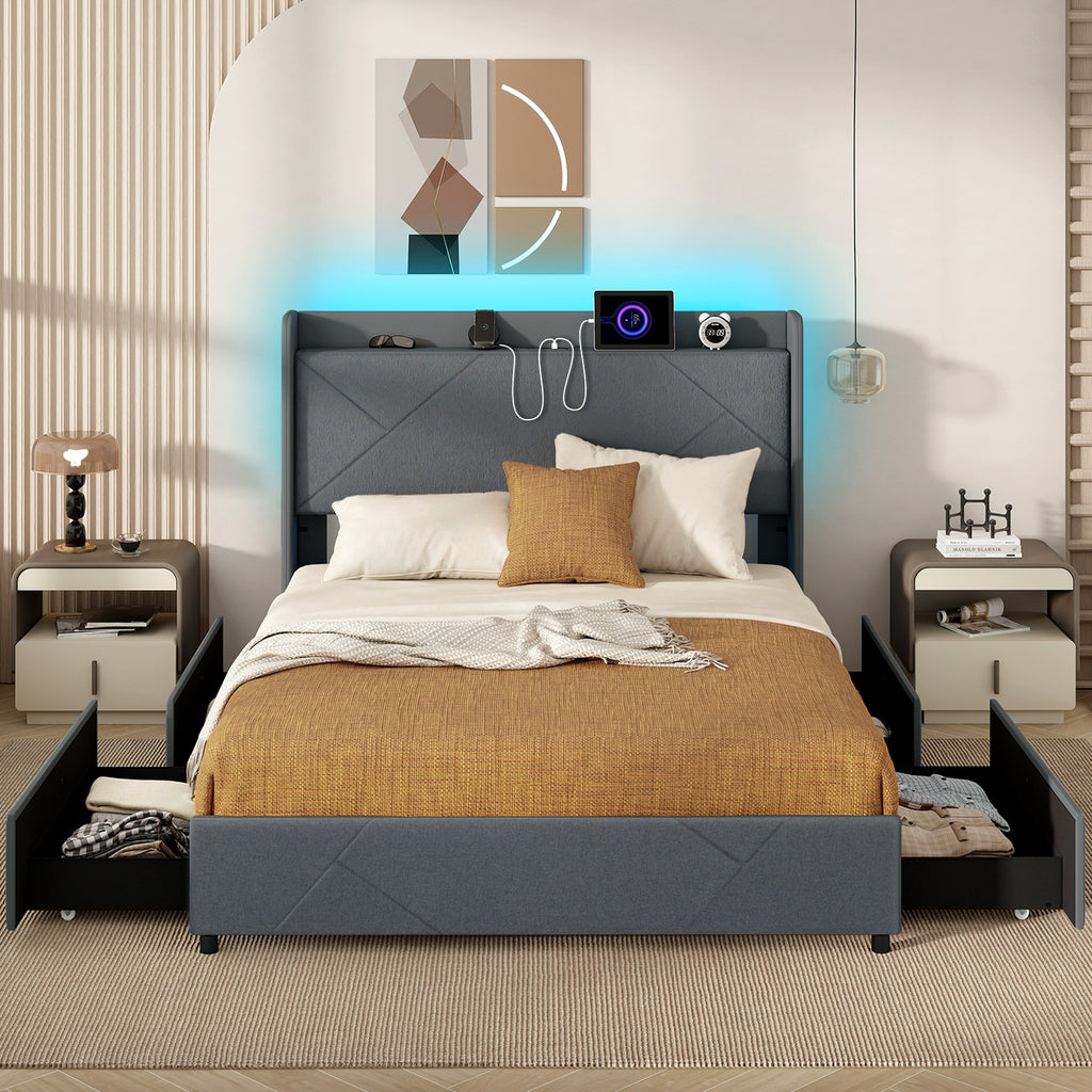 Loren LED Storage Bed Frame with Charging Station & Wingback Headboard–Queen Size