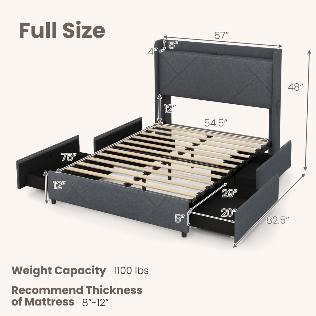 Loren LED Storage Bed Frame with Charging Station & Wingback Headboard–Full Size