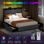 Loren LED Storage Bed Frame with Charging Station & Wingback Headboard–Queen Size