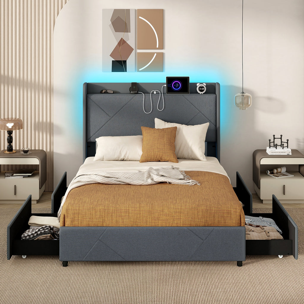 Loren LED Storage Bed Frame with Charging Station & Wingback Headboard–Full Size