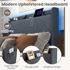Loren LED Storage Bed Frame with Charging Station & Wingback Headboard–Full Size