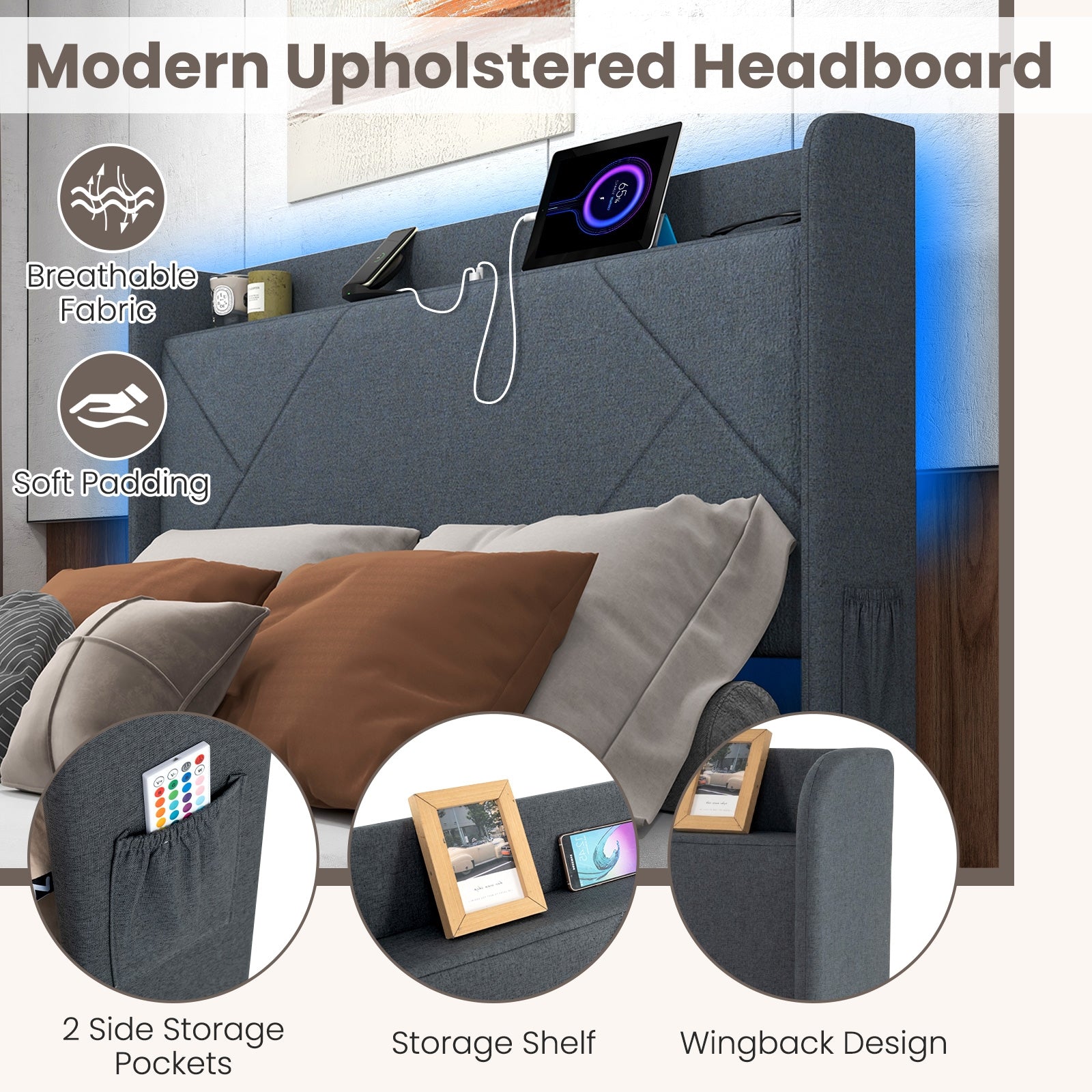 Loren LED Storage Bed Frame with Charging Station & Wingback Headboard–Full Size