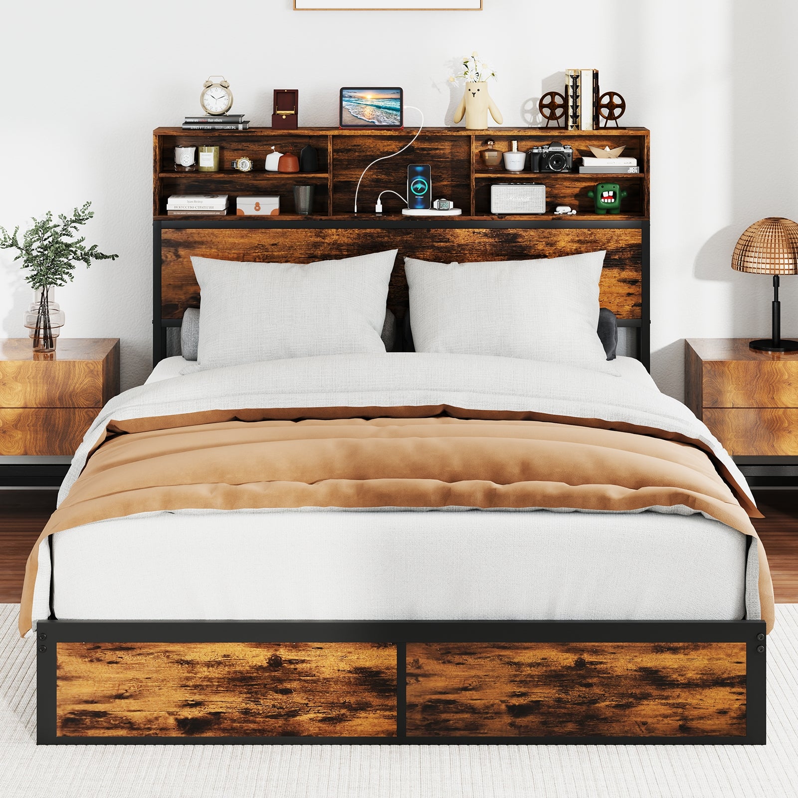 Bergen Queen Size Bed Frame with Storage Headboard & Charging Station – Industrial Metal Platform Bed