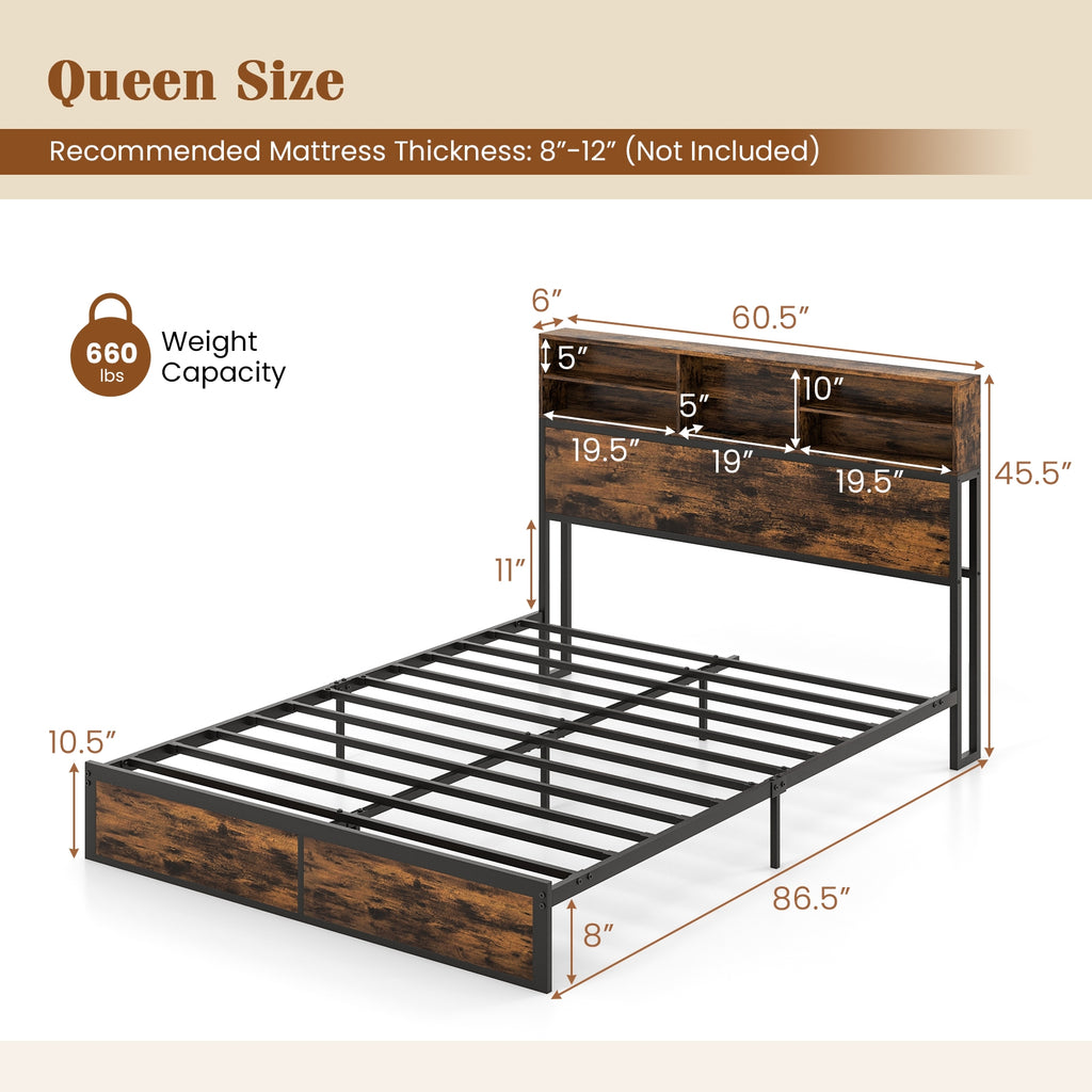 Bergen Queen Size Bed Frame with Storage Headboard & Charging Station – Industrial Metal Platform Bed