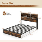 Bergen Queen Size Bed Frame with Storage Headboard & Charging Station – Industrial Metal Platform Bed