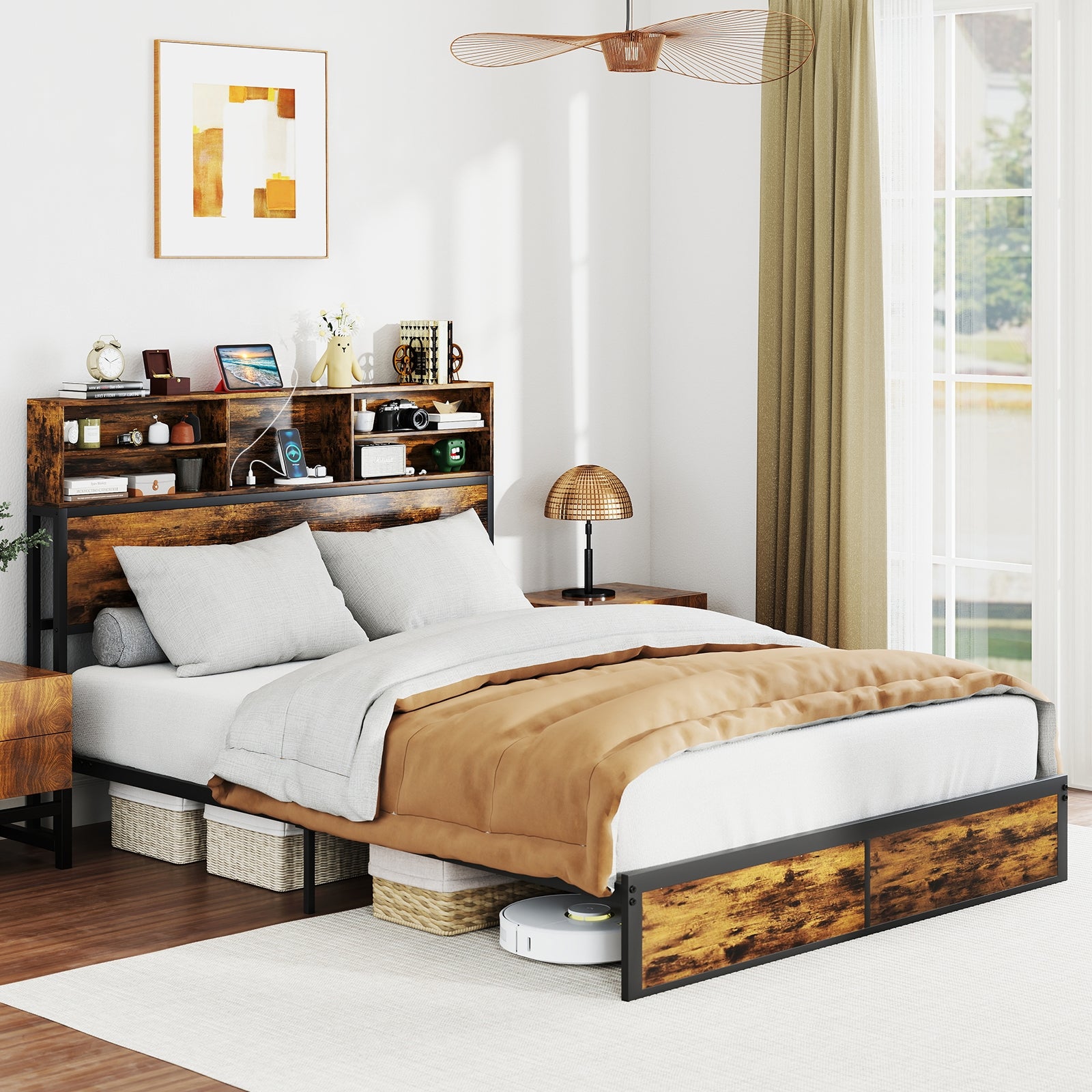 Bergen Queen Size Bed Frame with Storage Headboard & Charging Station – Industrial Metal Platform Bed